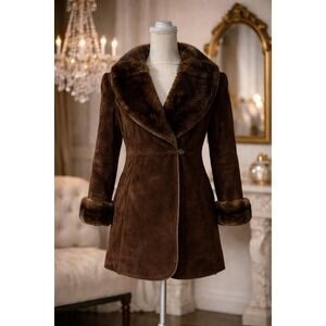 LNR By La Nouvelle Renaissance Brown Suede Leather Coat ‎ Plush Lined Fur Trim M